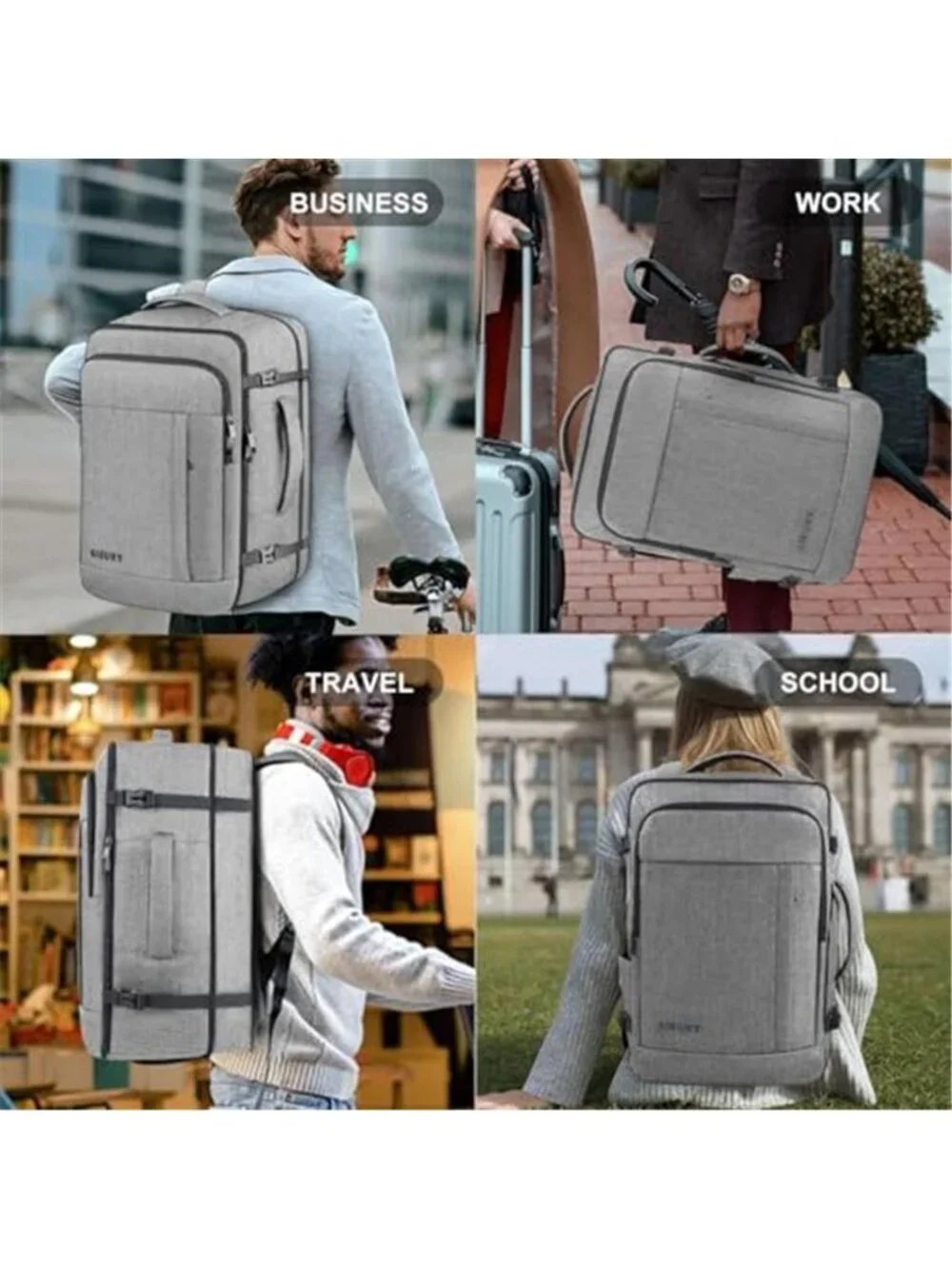 40L 50L Carry On Backpack 17 Inch Laptop Travel Weekender Expandable Grey
